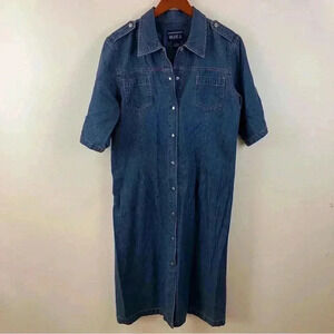 VTG Denim M Midi Shirt Dress Short Sleeve Western Y2K Snap Front Modest